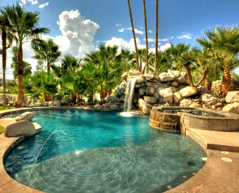 Luxury Mansion Pool and Fountain With Palm Trees